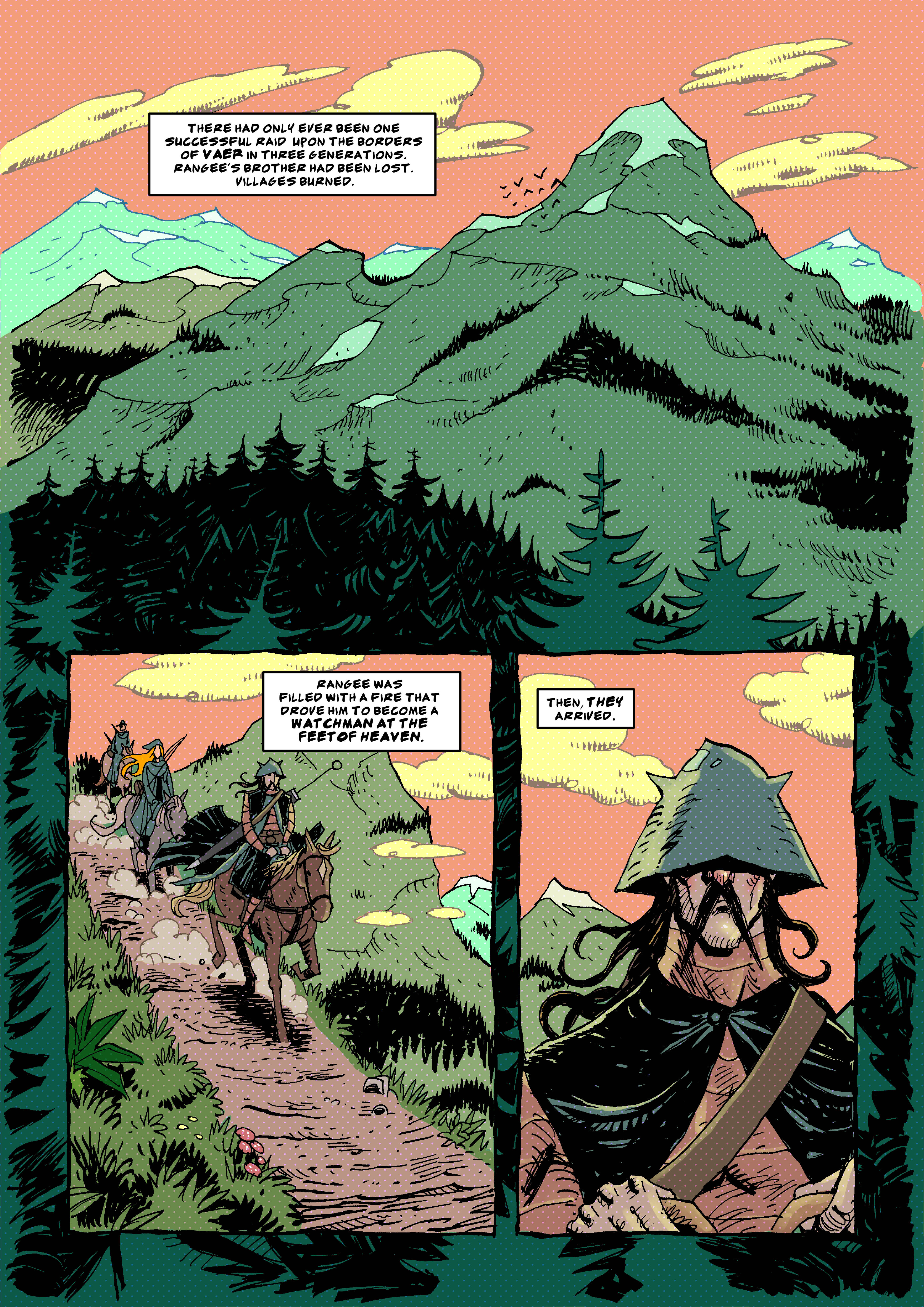 RANGEE comic page showing a mountainous landscape with dialogue and character panels