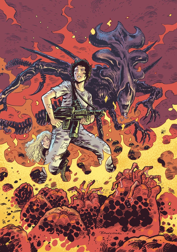 Comic artwork depicting a person with a rifle surrounded by alien creatures